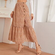 Split Thigh Flippy Hem Ditsy Floral Skirt | SHEIN