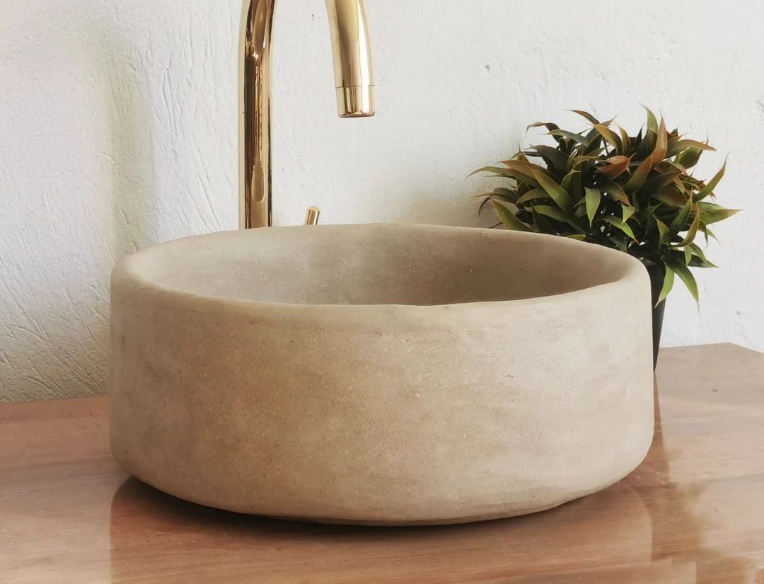 14" Natural Beige Bathroom Vessel - Handmade Round Bathroom Basin - Mid Century Modern Bathroom S... | Etsy (US)