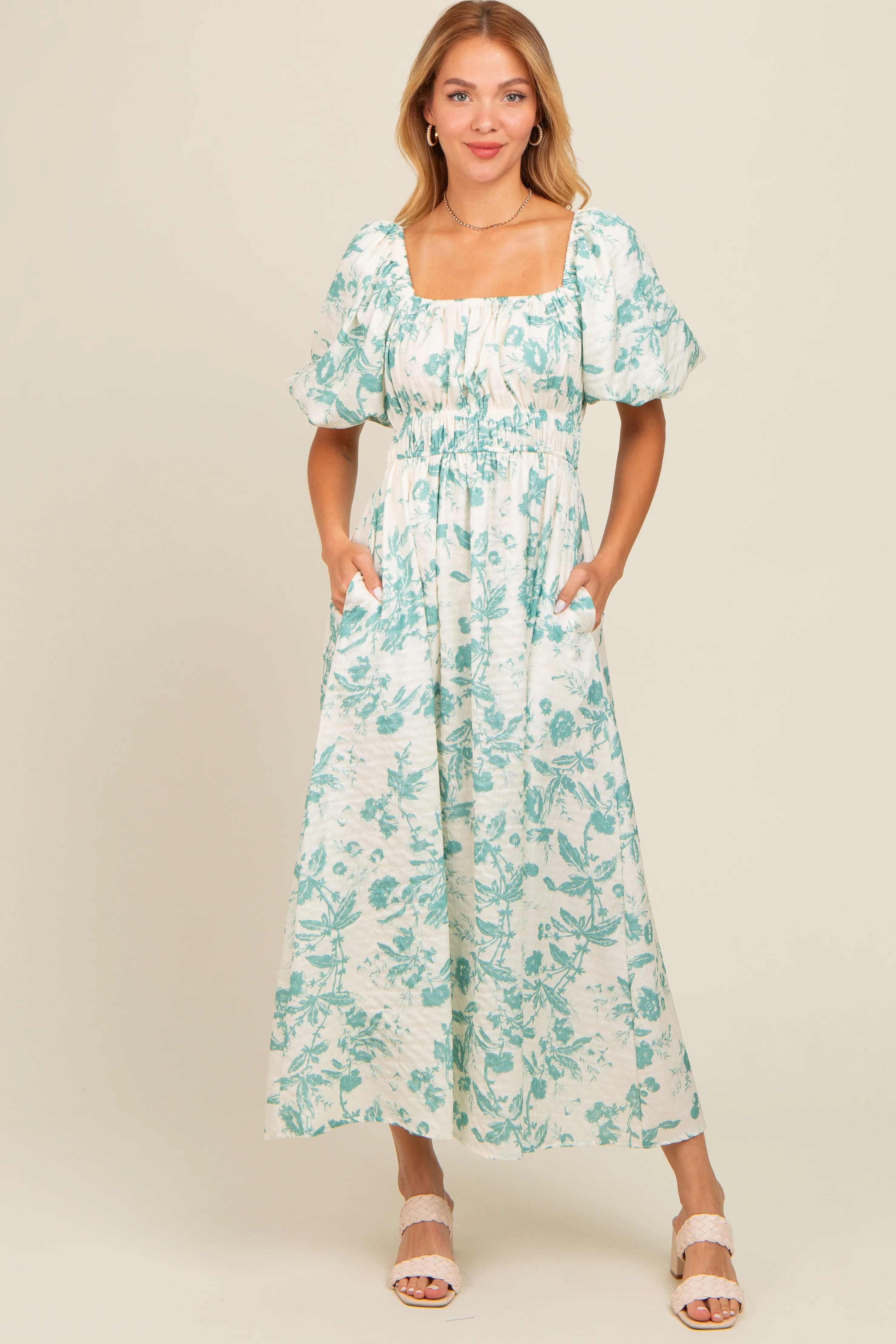 Teal Floral Puff Sleeve Midi Dress | PinkBlush Maternity