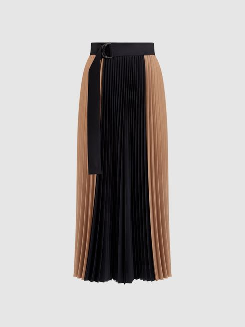 Reiss Black/Camel Ava Colourblock Pleated Midi Skirt | Reiss UK