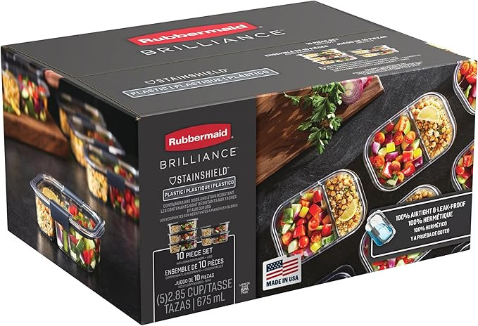 Rubbermaid Brilliance Meal Prep Containers, 2-Compartment Food Storage Containers, 2.85 Cup, 5-Pa... | Amazon (US)