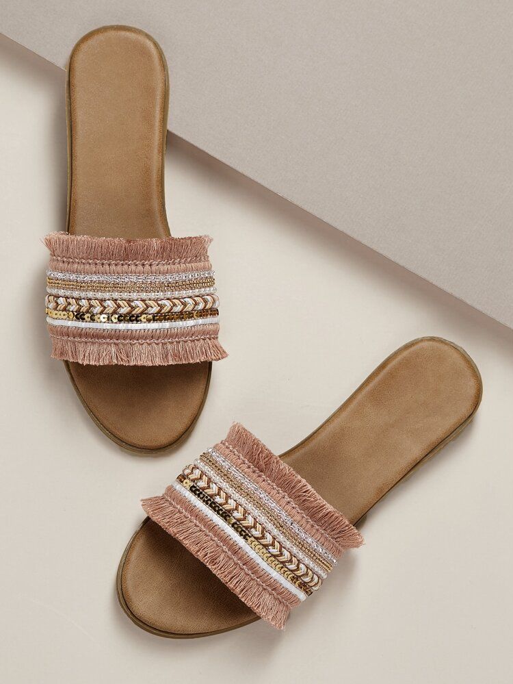 Decorated Sequin Fringe Band Flat Slide Sandals | SHEIN