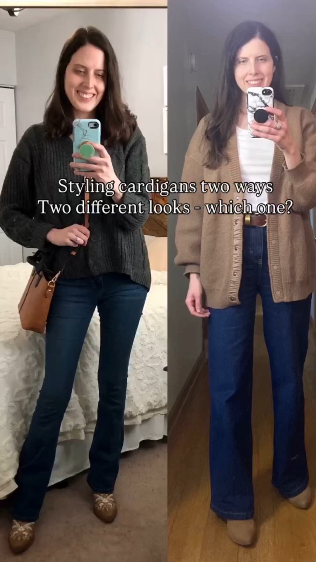 We styled a cardigan sweater two ways. 

Perfect Weekend classic outfit

Oversized charcoal gray vneck cardigan sweater 
Boot cut mini flare leg jeans
Embroidered cowboy boots
Tan and black Crossbody handbag 

Oversized snap button cardigan fits TTS wearing a small

Wide leg denim 
Wide leg jeans 
Tan boots 
White tee outfit 
Cardigan sweater outfit 
Neutral outfit 

#LTKdayinmylife #LTKootd #LTKSeasonal