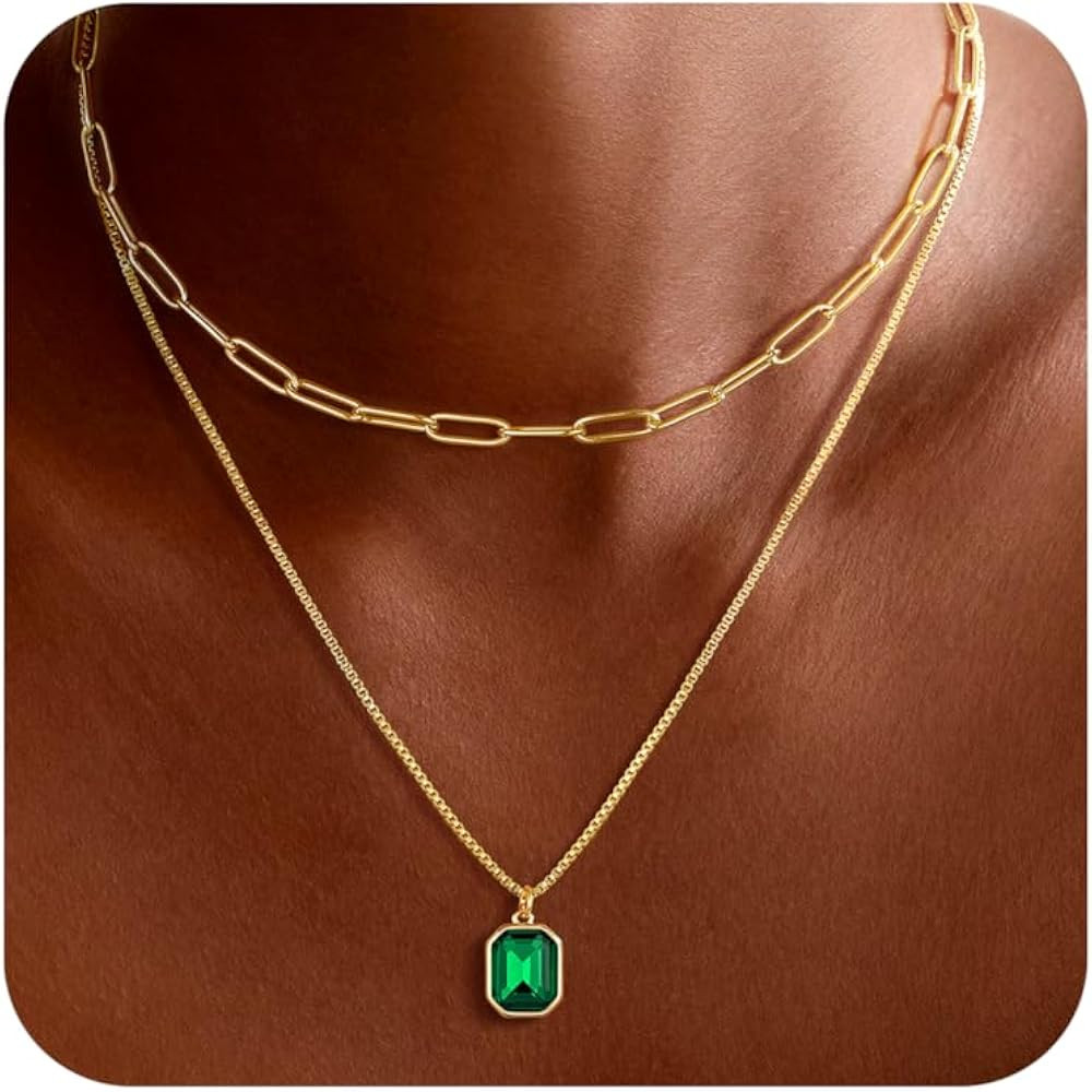 Birthstone Necklace for Women Girl - Dainty Layered Gold Necklace for Women with 12 Month Rectang... | Amazon (US)