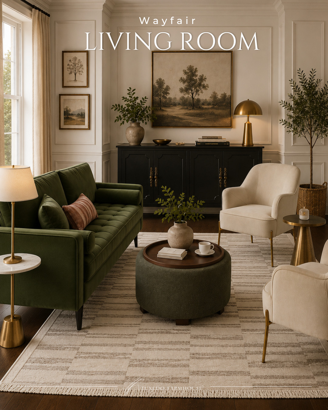 This living room is giving designer style without the designer price tag. ✨ From the gorgeous green velvet sofa to the chic accent chairs and statement cabinet, these Wayfair finds are the perfect mix of timeless and cozy—and many are on sale right now! 

 #LTKSeasonal #LTKHome #LTKSaleAlert