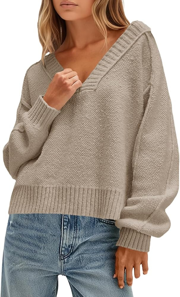 Saodimallsu Womens V Neck Pullover Sweaters Casual Knit Long Sleeve Loose 2025 Fall Cropped Tops | Amazon (US)