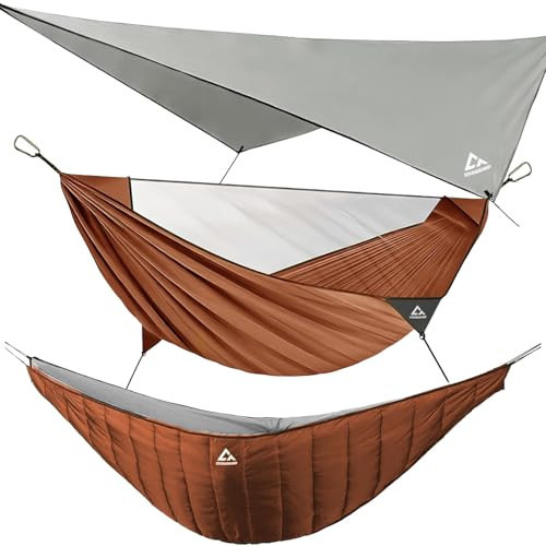 CROSSHIP Camping Hammock with Mosquito Net, Underquilt & Rain Fly Tarp – 2 Person Portable Hammock Set for Hiking, Backpacking, Travel, Backyard, Beach – Holds Up to 500lbs (Orange) | Amazon (US)