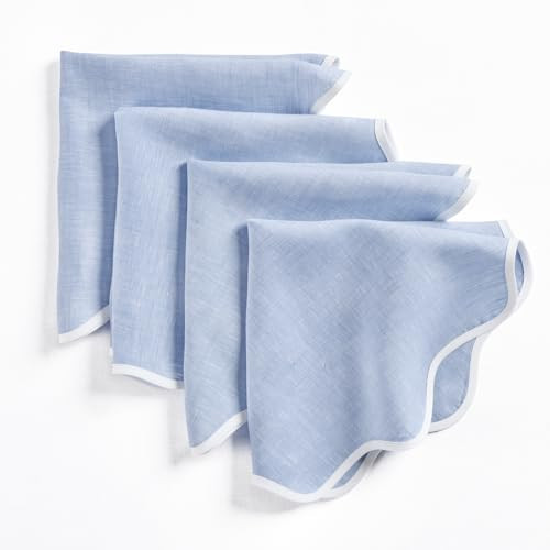 Solino Home Scallop Linen Dinner Napkins 20 Inch - 100% Pure Linen White and Chambray Blue Round Cloth Napkins Set of 4 - Giselle Scallop Edge, Handcrafted and Machine Washable Fabric | Amazon (US)