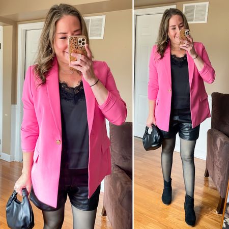 Valentine’s Day outfit inspiration from Amazon. Pink blazer with lace tank, faux leather shorts and fleece lined tights. #founditonamazon

#LTKSeasonal #LTKsalealert #LTKstyletip