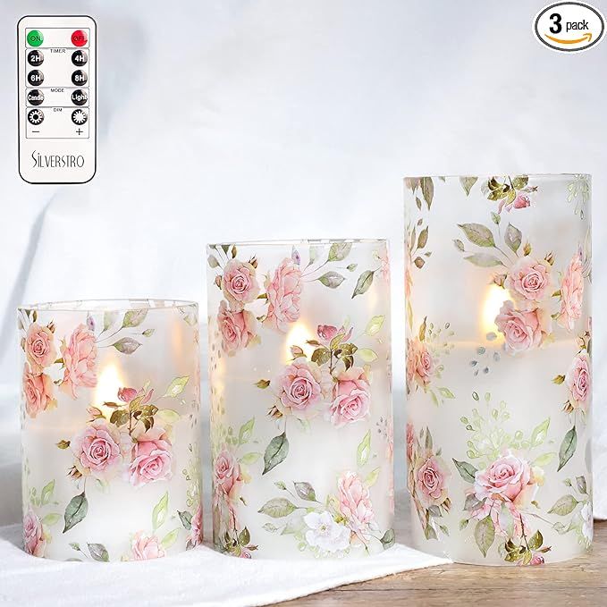 Silverstro Pink Rose Flameless Candles with Remote, Romantic Love Theme Blinks LED Candles, Real ... | Amazon (US)