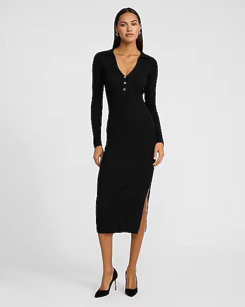 Ribbed V-Neck Polo Button Midi Sweater Dress | Express
