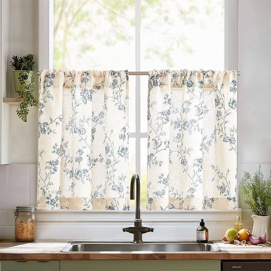 jinchan Floral Kitchen Curtains 30 Inch Linen Tier Curtains Farmhouse Cafe Half Window Drapes Ove... | Amazon (US)