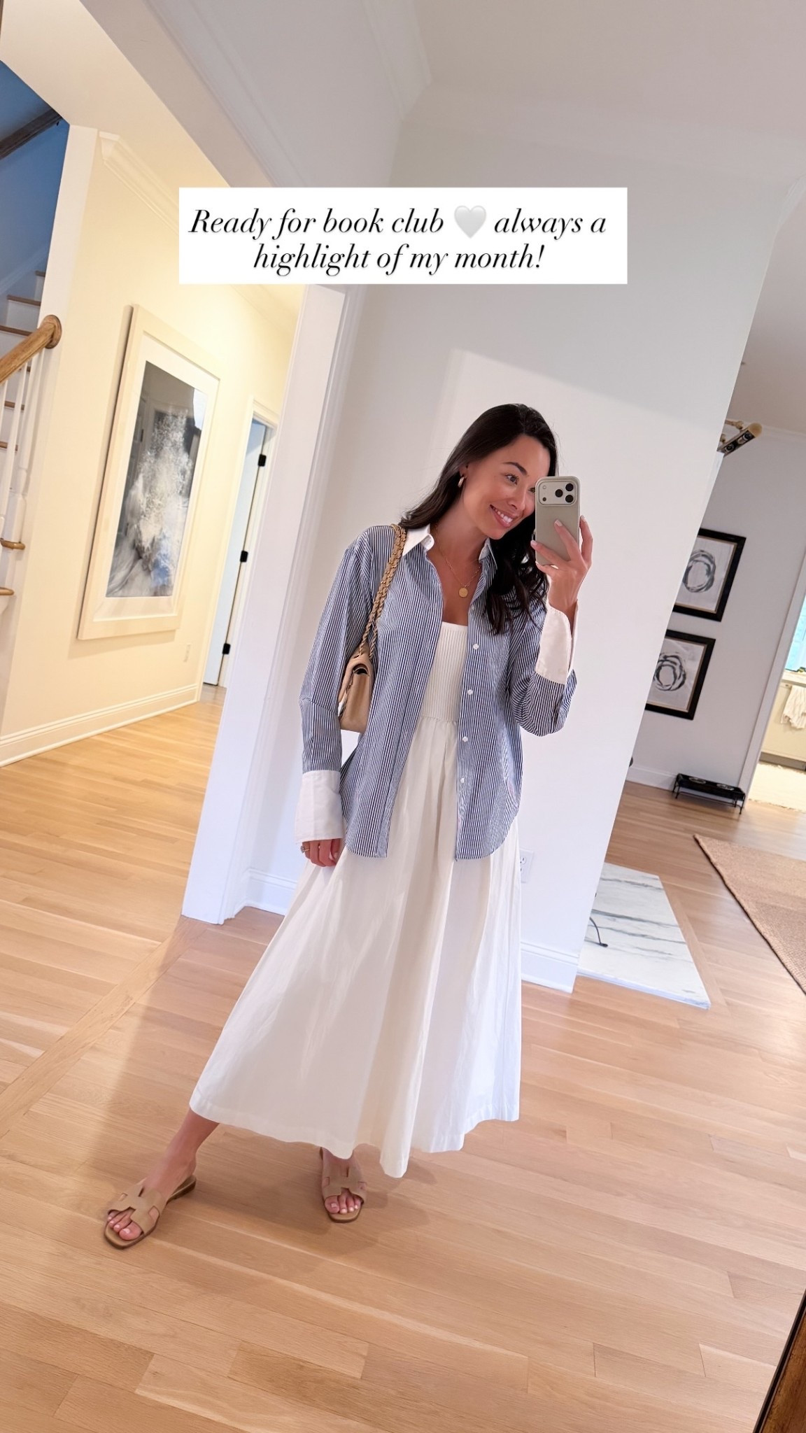 Shirt is Ralph Lauren and linked on my stories 🤍 stripe button down shirt, white a line dress, book club outfit, spring outfit. 

#LTKootd #LTKstorytime #LTKdayinmylife