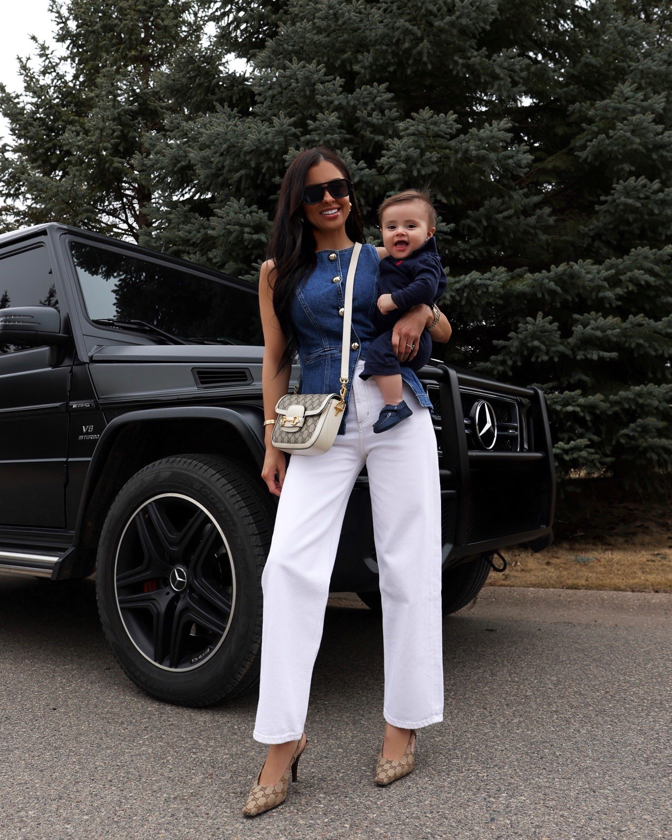 Casual summer outfit
Reformation denim vest wearing an Xs
Agolde ren white jeans wearing a 24
Gucci slingback pumps
Gucci horsebit mini bag 

#LTKStyleTip #LTKSummerEdit #LTKBaby