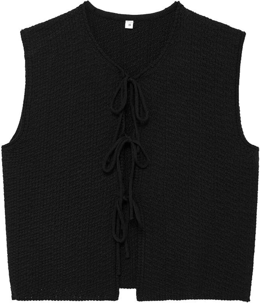 Wyeysyt Womens Crochet Sweater Vest Sleeveless Crew Neck Tie Front Tops Open Front Knit Cardigan | Amazon (US)