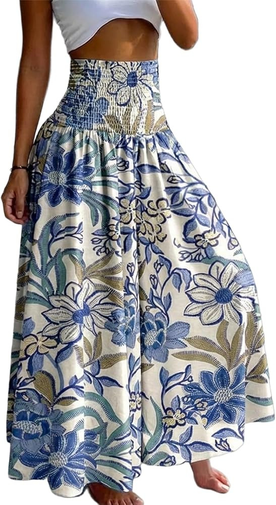 CHICME Boho Floral Shirred High Waisted Wide Leg Pants Flowy Trousers Summer Beach Vacation Wear | Amazon (US)