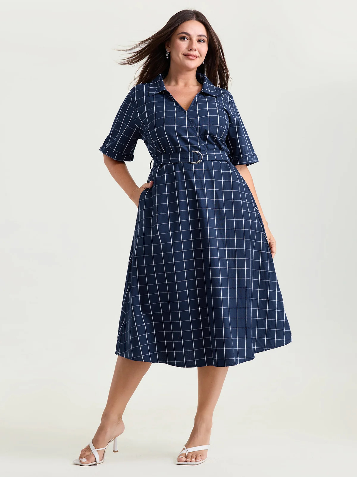 Cotton Checked Print Wrap Neckline Belted Midi Dress | Bloomchic