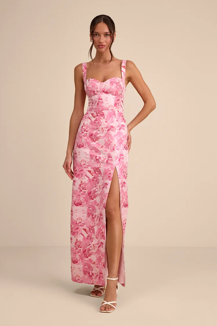 Demina Light Pink Floral Jacquard Bustier Maxi Dress | Lulus