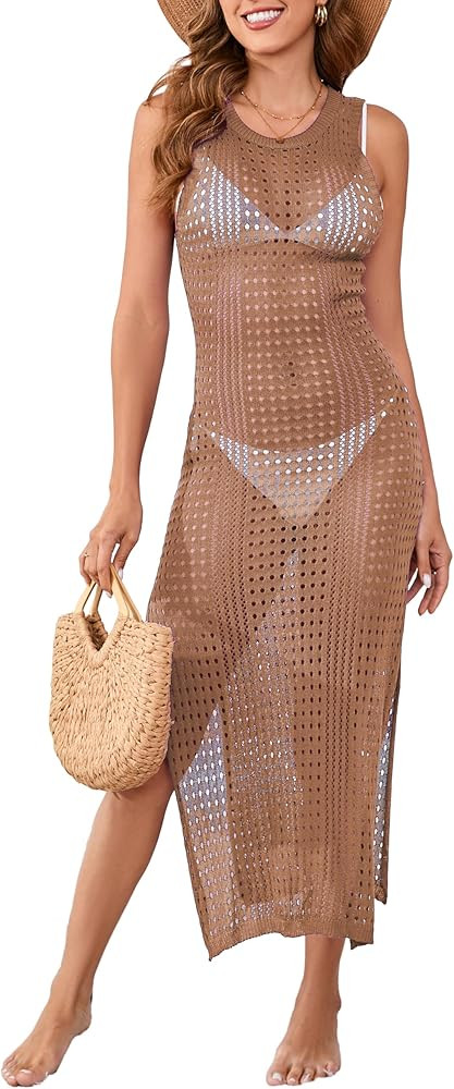 Sexy Swimwear Cover Ups for Women Summer Vacation Scoop Neck Crochet Bikini Swimsuit Split Bathin... | Amazon (US)