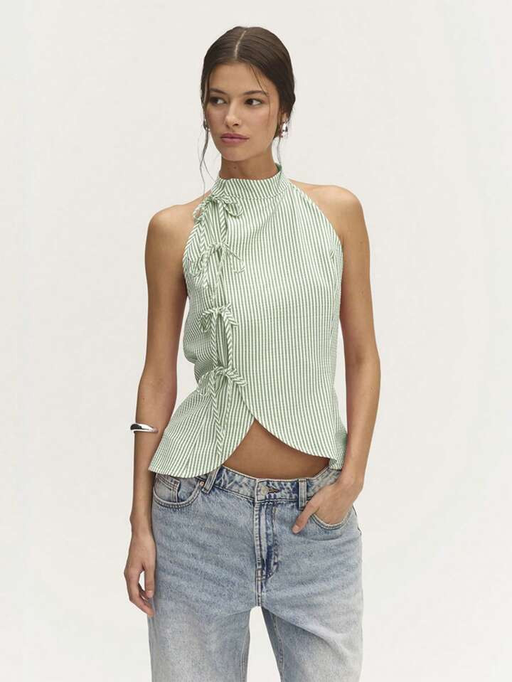 Nöista Summer Chinese Style Neckline Linen Stripes Sleeveless Bows Detail Featuring Linen Stripe... | SHEIN