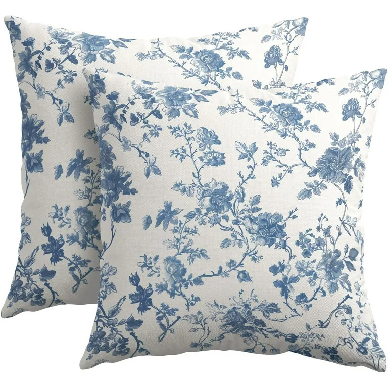 Blue Floral Pillow Covers 18x18 Inch Set of 2 Blue and Cream Chinoiserie Flower Outdoor Decorativ... | Walmart (US)