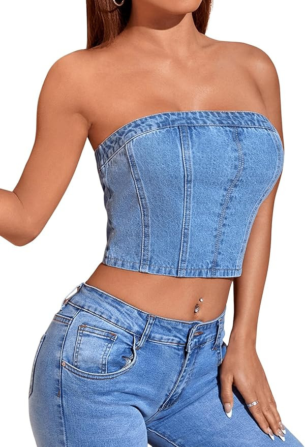 SweatyRocks Women's Casual Slim Fit Tube Denim Top Solid Elastic Trim Pullover Crop Tops | Amazon (US)