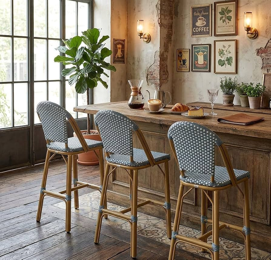 PURPLE LEAF Oversized Bar Stools Bamboo Print Set of 2 Rattan, Light Blue | Amazon (US)