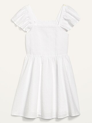 Flutter-Sleeve Fit & Flare Smocked Seersucker Mini Dress for Women | Old Navy (US)