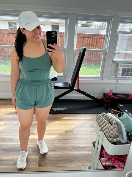 Okay how cute is this workout romper I sized up to a Large😍 the material is so nice! It has a build in bra (not the best quality) but I love that it doesn’t pull across my stomach and this save green is perfect! 

#LTKmidsize