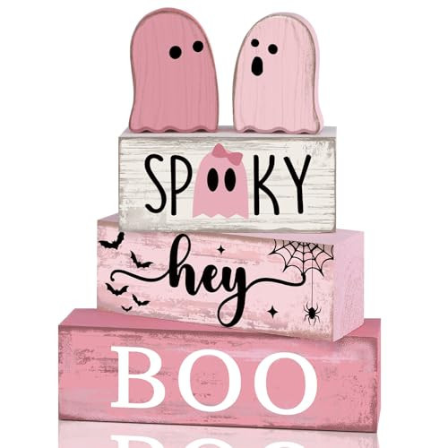 Lineshading 4 Pcs Pink Halloween Decor Ghost Table Decorations Halloween Tiered Tray Decor Farmhouse Ghost Tabletop Centerpiece Rustic Pink Block Sign Gift for Home Kitchen Shelf Office Mantel | Amazon (US)