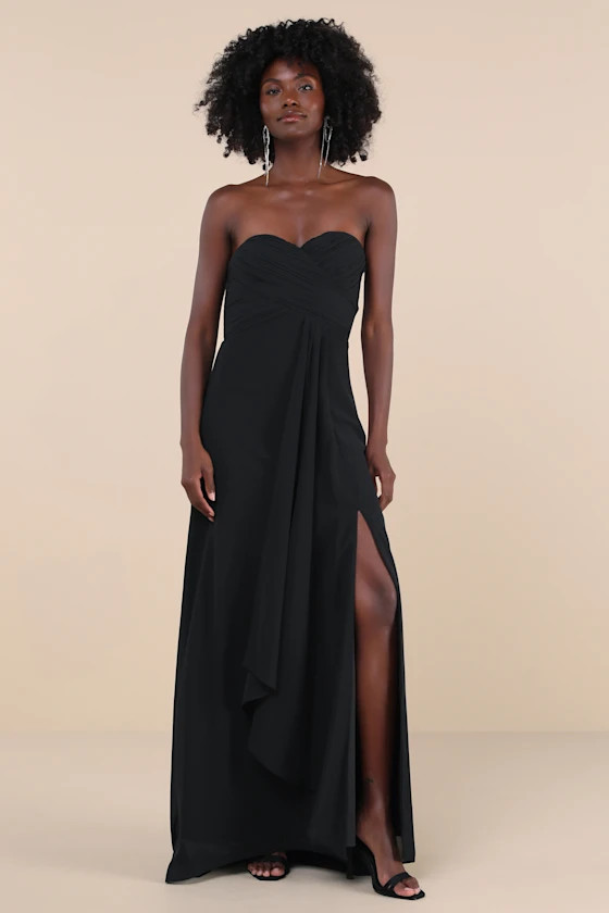 Splendid Aura Black Chiffon Pleated Strapless Maxi Dress | Lulus