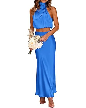 PRETTYGARDEN Women's 2 Piece Satin Outfits Summer Sleeveless Mock Neck Crop Tops and Long Skirt D... | Amazon (US)
