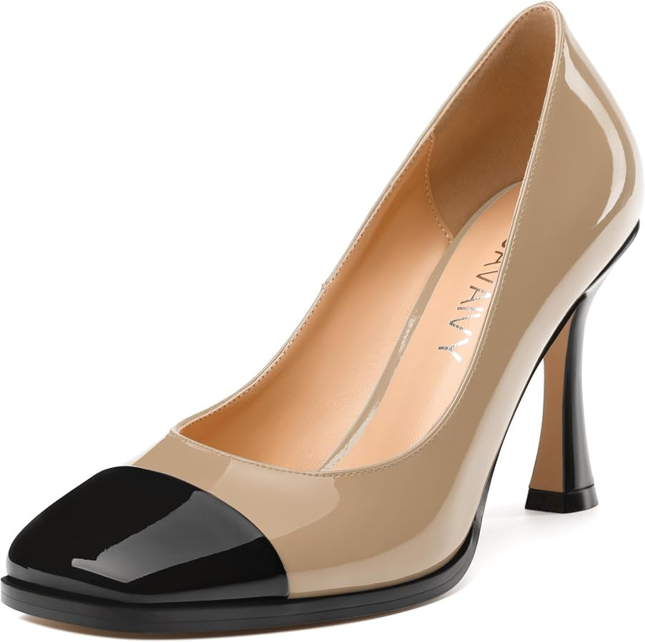 Women's Pumps, Two Toned Patchwork Square Closed Toe High Heels, Fashion Slip On Daily Dressy Sho... | Amazon (US)