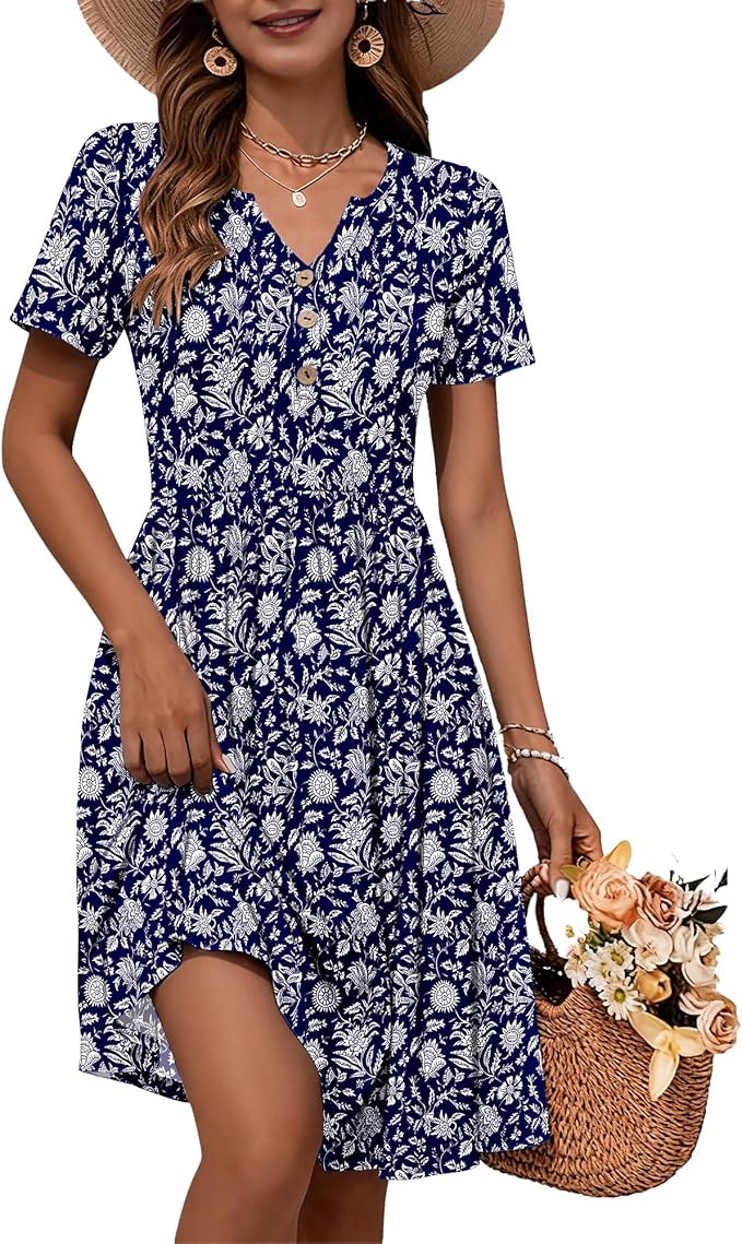 WNEEDU 2026 Summer Dress for Women V Neck Button Down Elastic Waist Sundress Casual Short Sleeve ... | Amazon (US)