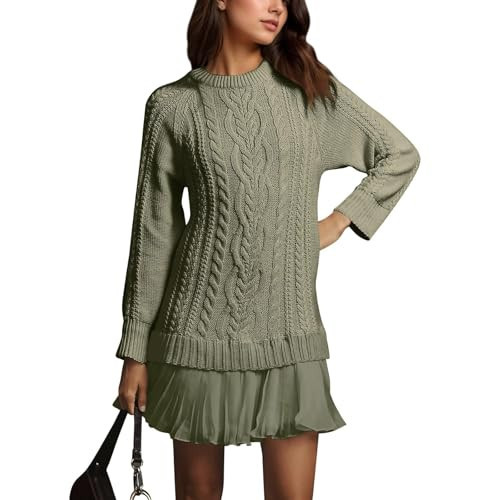 Women Crewneck Cable Knit Sweater Mini Dress, Sweater Dresses for Women 2025, Soft Stretchy Knitted Patchwork Dress (US, Alpha, Medium, Regular, Regular, Green) | Amazon (US)