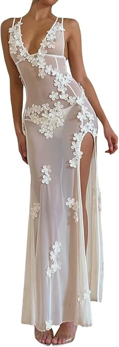 Sexy See Through Sheer Lace Maxi Dress Patchwork Backless Bodycon Long Dresses Beach Vacation Par... | Amazon (US)