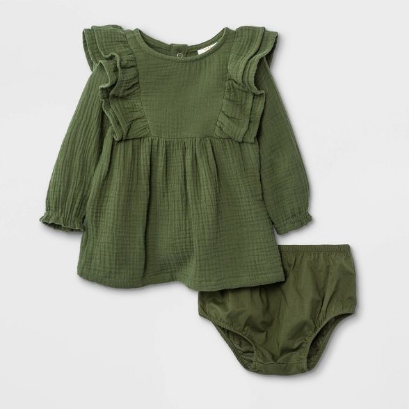 Baby Girls' Gauze Ruffle Shoulder Long Sleeve Dress - Cat & Jack™ Green | Target