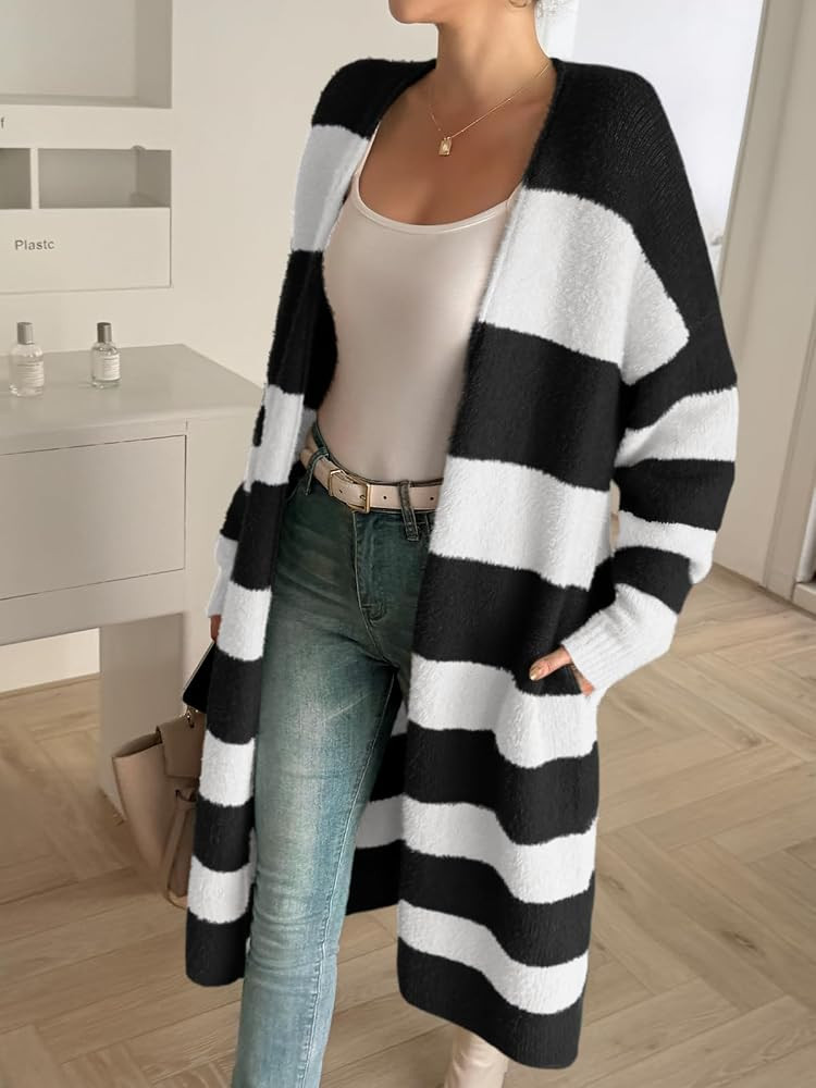 Saodimallsu Womens Striped Long Cardigan Sweaters Open Front Oversized Chunky Fuzzy Knit Fall Dus... | Amazon (US)