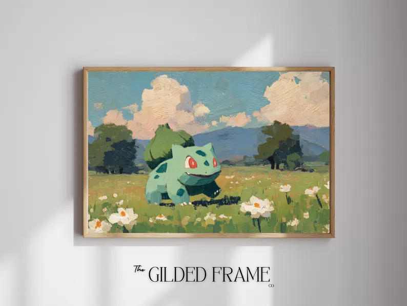 Bulbasaur Inspired Oil Painting Print, Pok\u00e9mon Meadow Landscape Wall Art, Vintage Nature Hom... | Etsy (Global)
