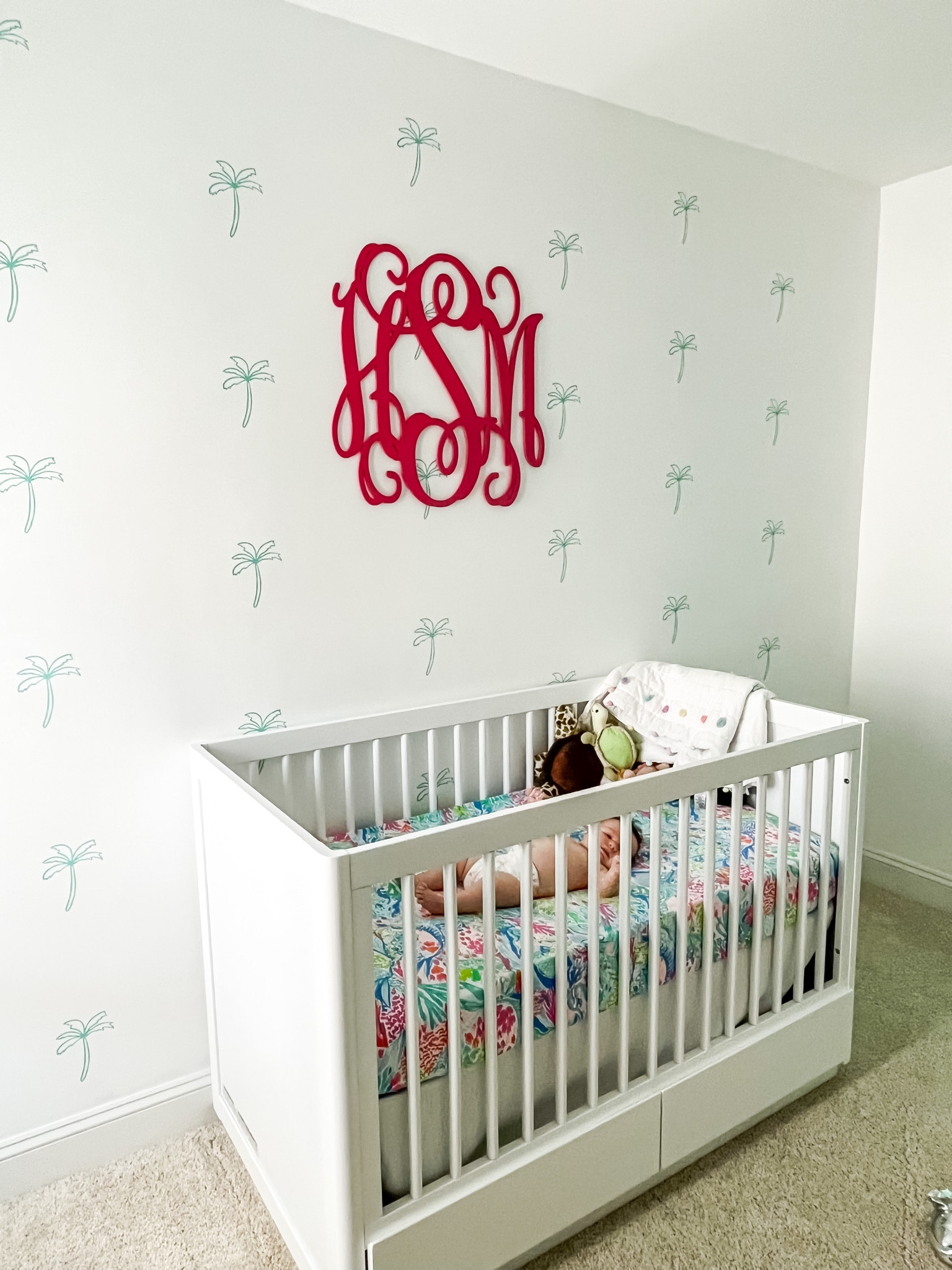 Tropical nursery, coastal nursery, coastal bedroom, palm tree, Lilly Pulitzer, Lilly Pulitzer decor, girls nursery, wooden monogram, wall decal, wall decor, white crib, convertible crib

#LTKbaby #LTKhome #LTKbump