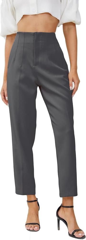 Women's High Waisted Business Trousers Straight Leg Pleated Office Slacks Pants | Amazon (US)