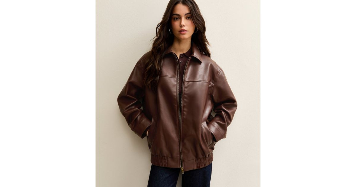 Dark Brown Faux Leather Oversized Bomber Jacket | New Look | New Look (UK)