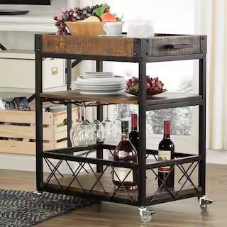 HomeSullivan Brown Rustic Serving Cart with Wine Inserts And Removable Tray Top 403228BR-07 - The... | The Home Depot