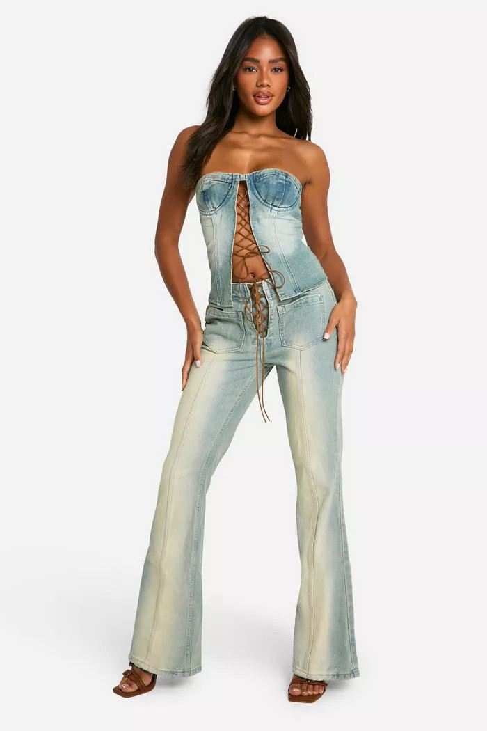 Lace Up Vintage Look Denim Flared Jeans | boohoo (US & Canada)