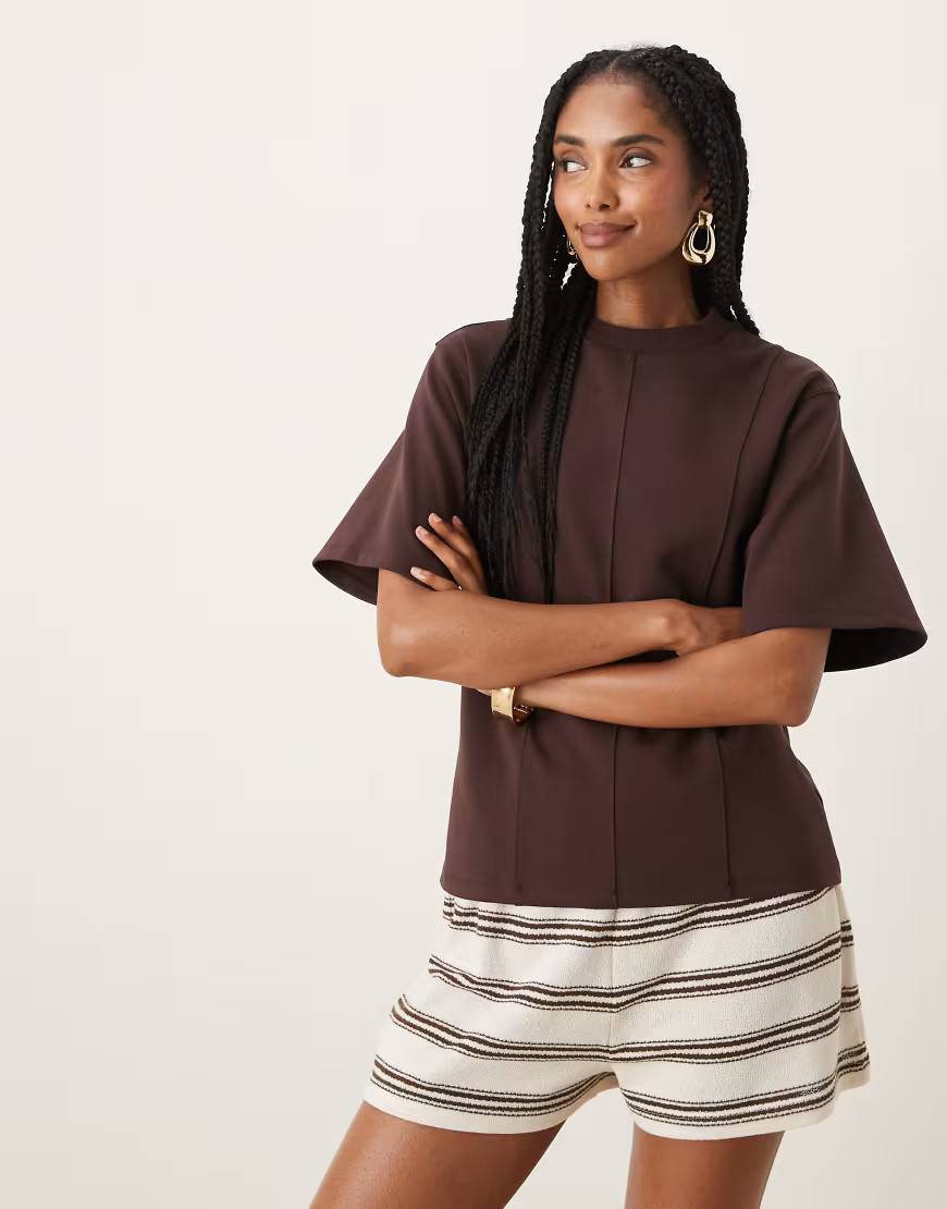 ASOS DESIGN interlock short sleeve top with seam and top stitch detail in brown-Yellow | ASOS (Global)