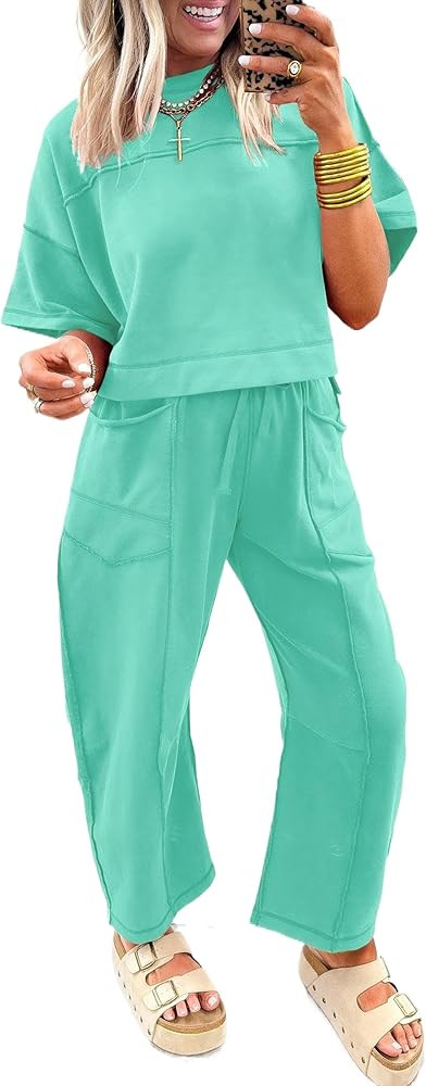 KevaMolly Womens 2 Piece Outfits Casual Lounge Sets Drop Shoulder Boxy Tee and Barrel Pants Set w... | Amazon (US)