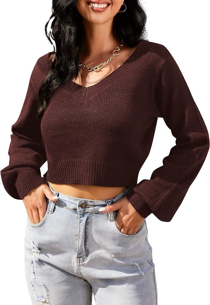 ZAFUL Women's Cropped Sweater V-Neck Long Sleeve Crop Sweater Pullover Jumper Knit Top | Amazon (US)