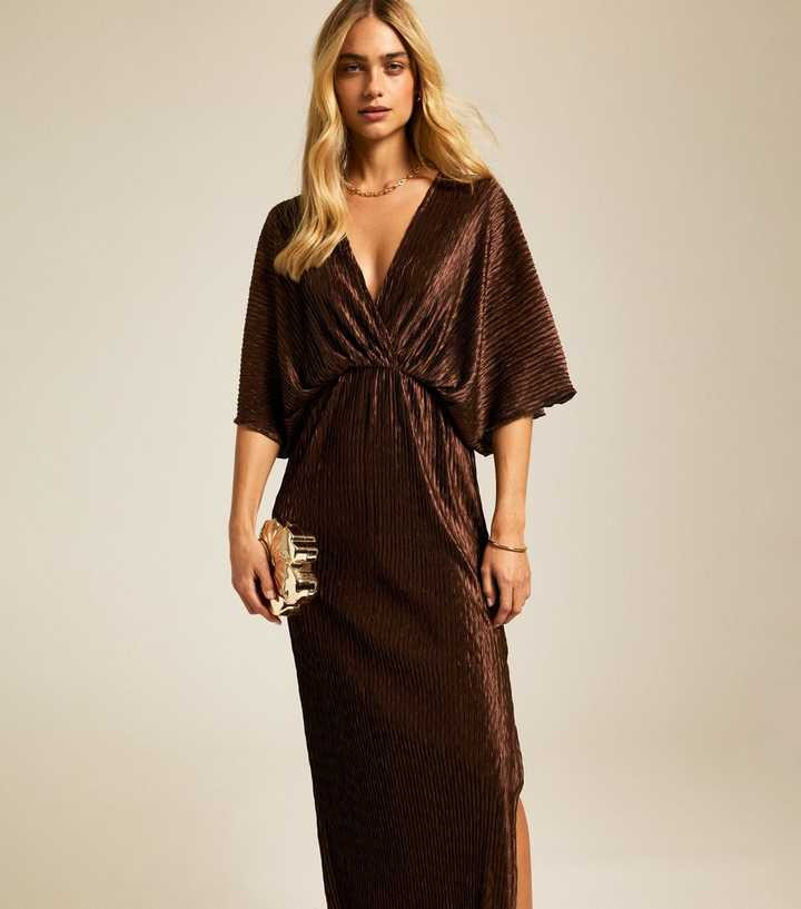 Brown Metallic Textured Batwing Sleeve Midi Dress | New Look | New Look (UK)