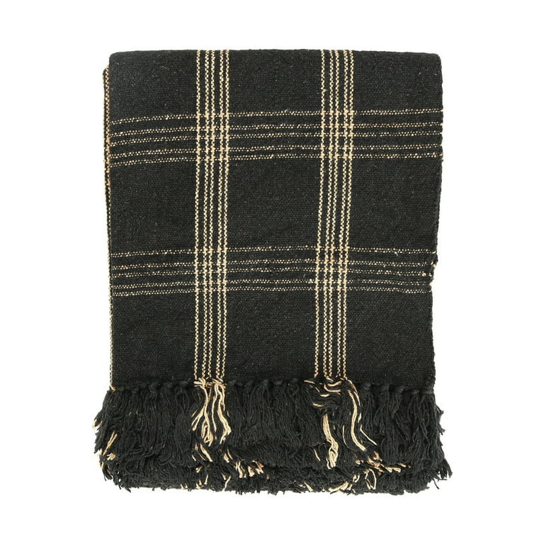 Creative Co-Op Soft Woven Reclaimed Cotton Blend Throw with Fringe, Black and Tan Plaid | Walmart (US)
