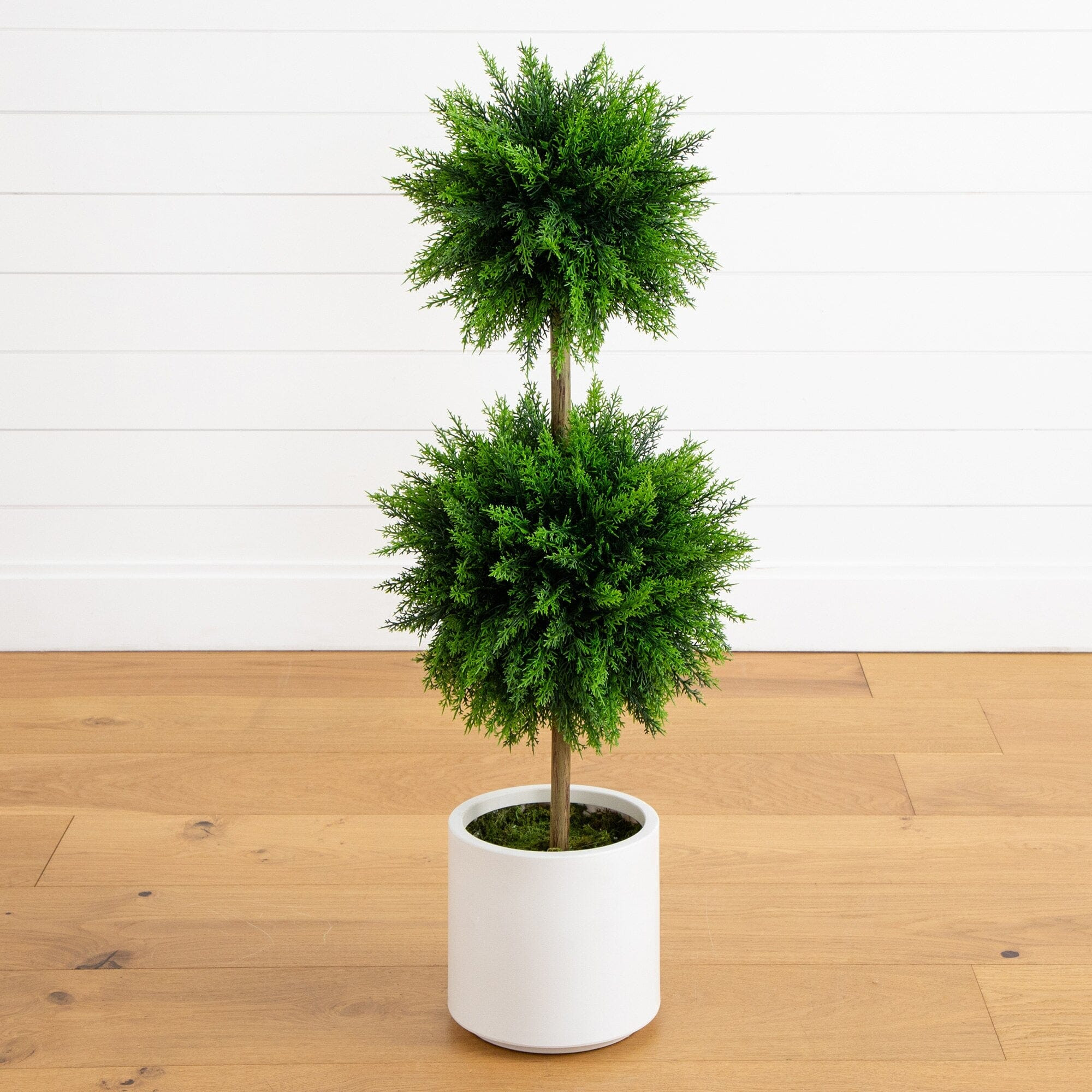 3.5’ UV Resistant Artificial Cedar Double Ball Topiary Tree in White Decorative Planter | Nearl... | Nearly Natural